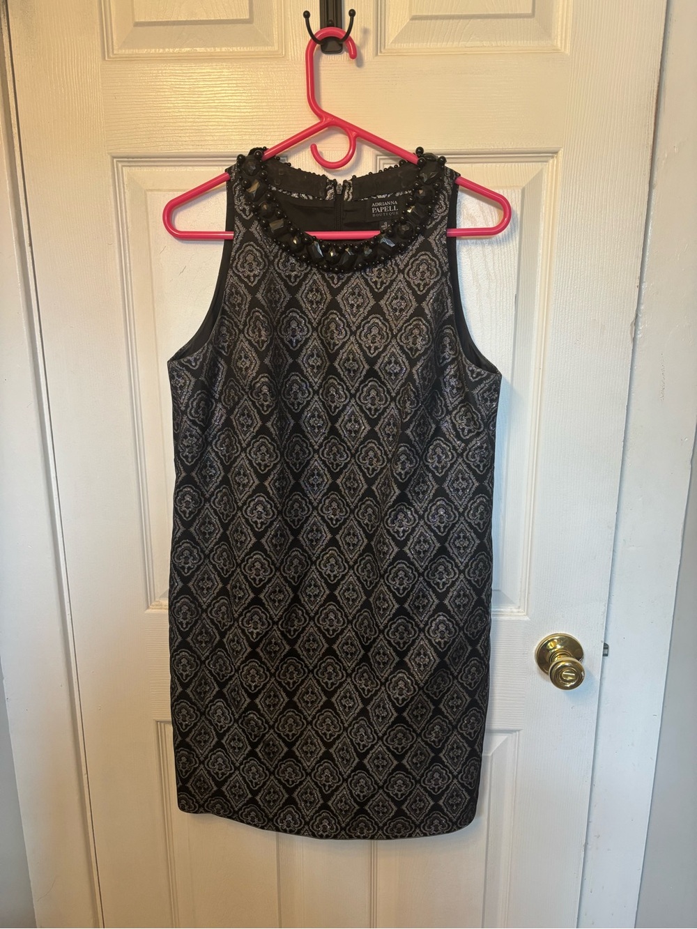 Adrianna Papell Black and Silver Beaded-Neck Jacquard Mini Dress